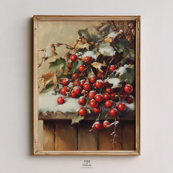 Snow Dusted Red Winter Berries Rustic Still Life Painting Poster