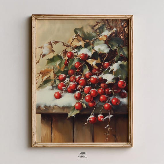 Winter Berries Stilllife Painting Rustic Festive Wall Decor Red Berry Art Cozy Farmhouse Print 266