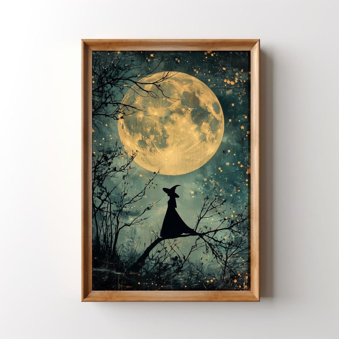 Vintage Full Moon Witch Print Halloween Night Sky Wall Art Witchy Celestial Print Moody Dark Tree Silhouette Stars And Moon Sky - Image 2
