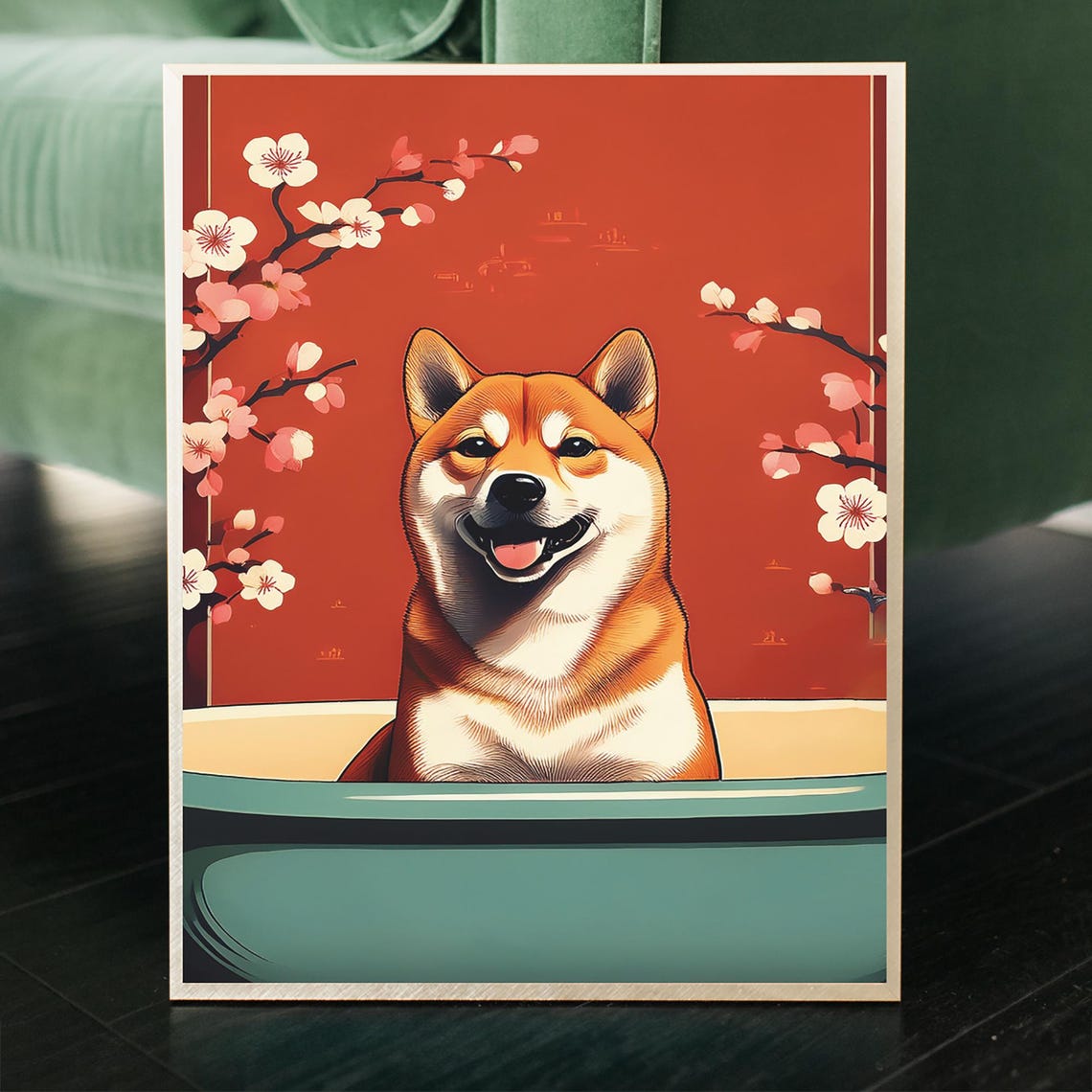 Shiba Inu Soaking In Bathtub Cherry Blossom Japanese Dog Print