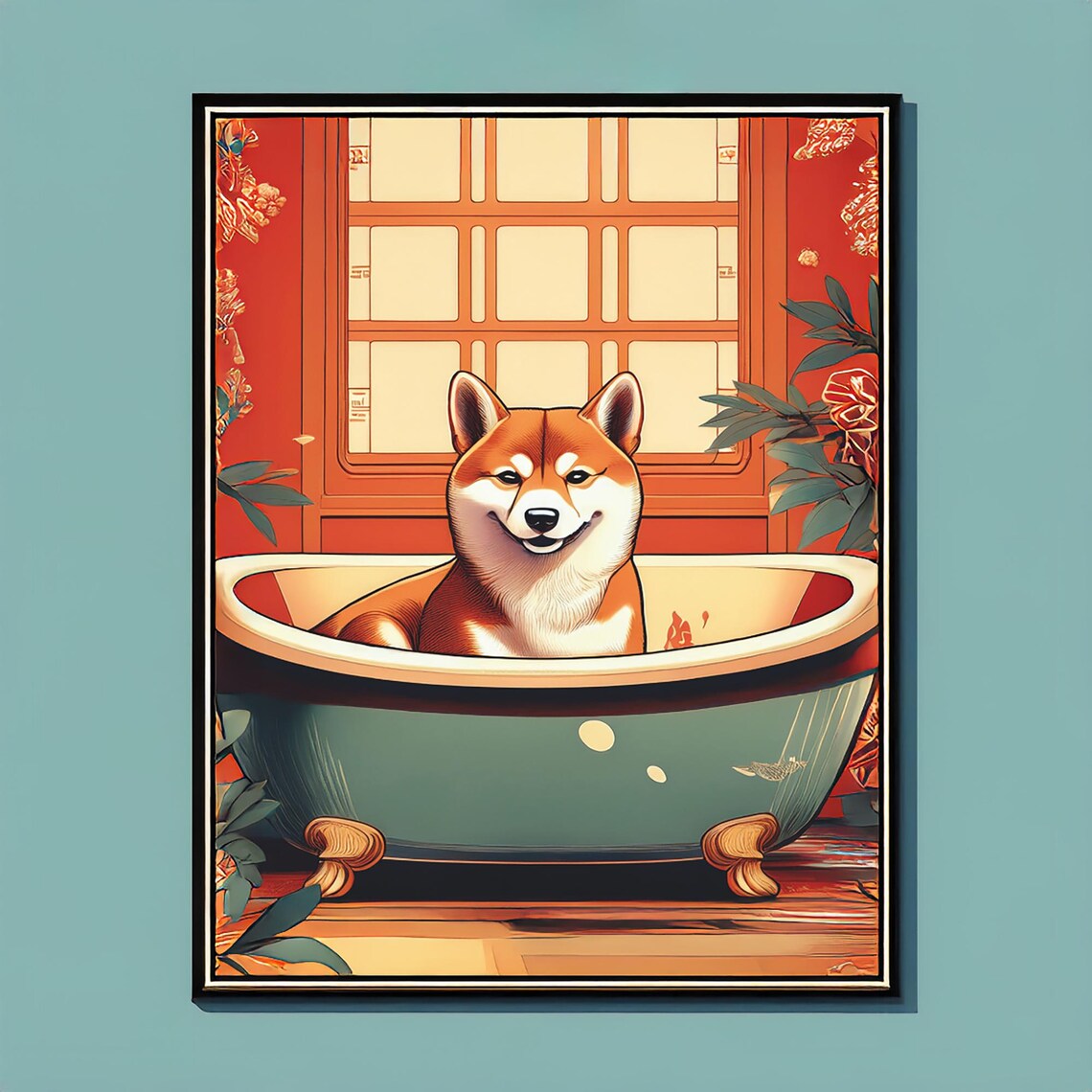 Shiba Inu In Green Bathtub Before Shoji Screen Japanese Dog Poster