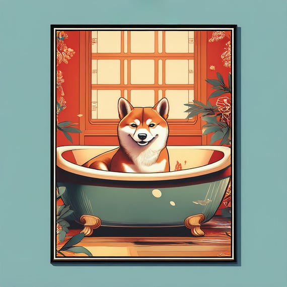 Shiba Inu Wall Art File Cute Japandi Dog Illustration In Bathtub Kawaii Decor Gift For Animal Lovers Cherry Blossom Poster