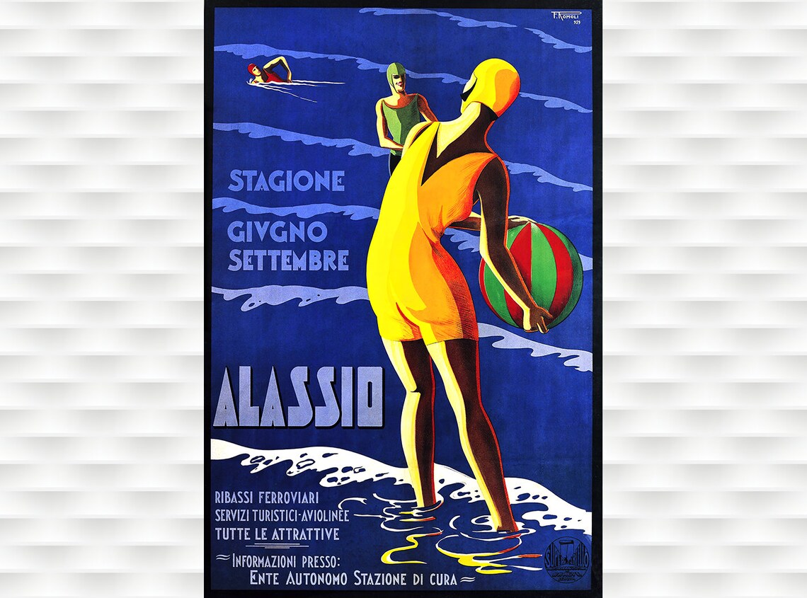 Alassio Italy Yellow Swimsuit Beach Girl Vintage Travel Poster