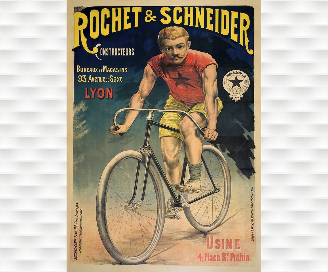 Rochet and Schneider Vintage French Bicycle Poster Lyon Cyclist Ad