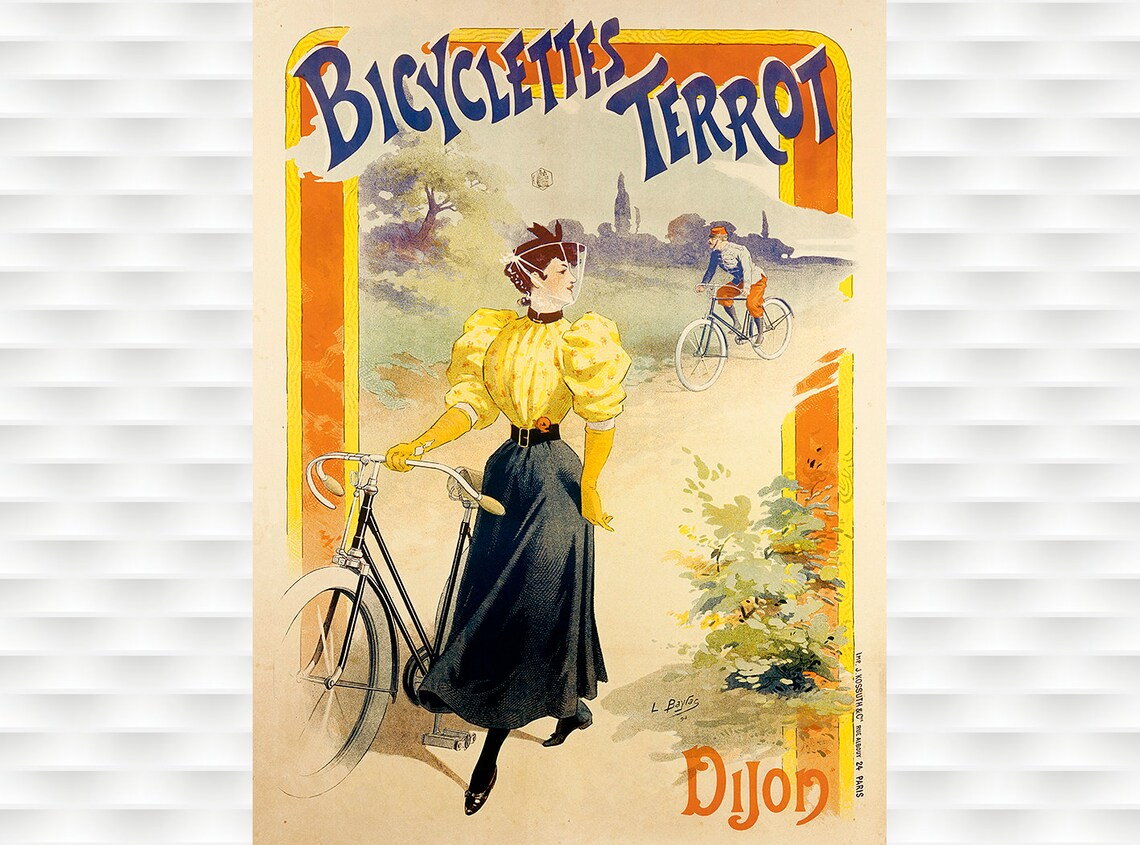 Bicyclettes Terrot Dijon Woman in Yellow Blouse French Vintage Poster