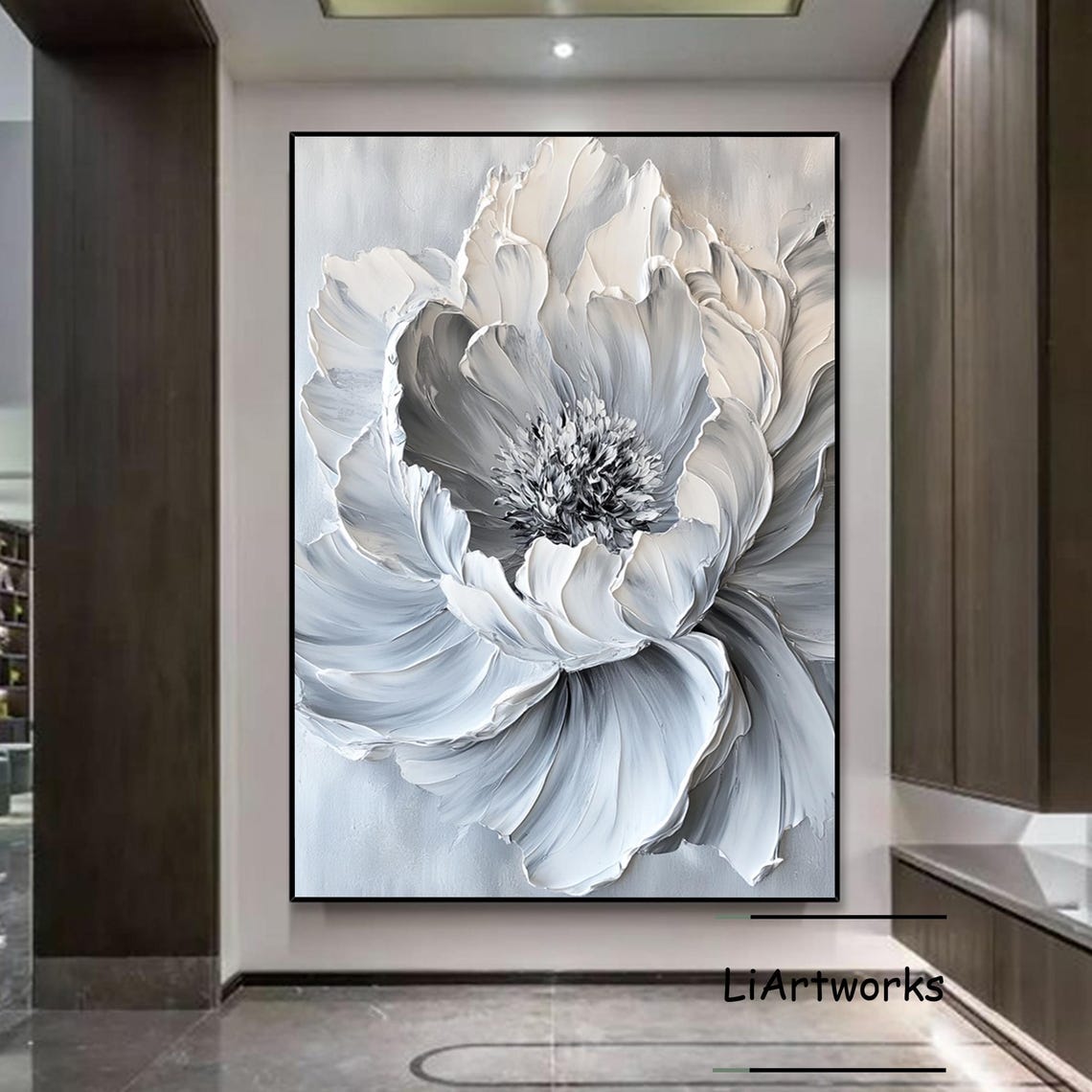 Large Gray And White Swirling Flower 3D Textured Bloom Poster - Image 4