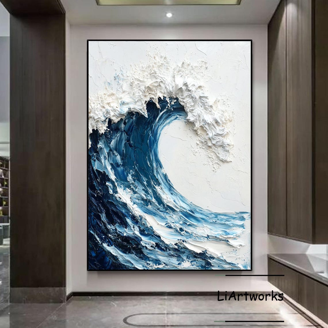 Powerful Curling Blue Ocean Wave White Crest Impasto Art Poster - Image 4