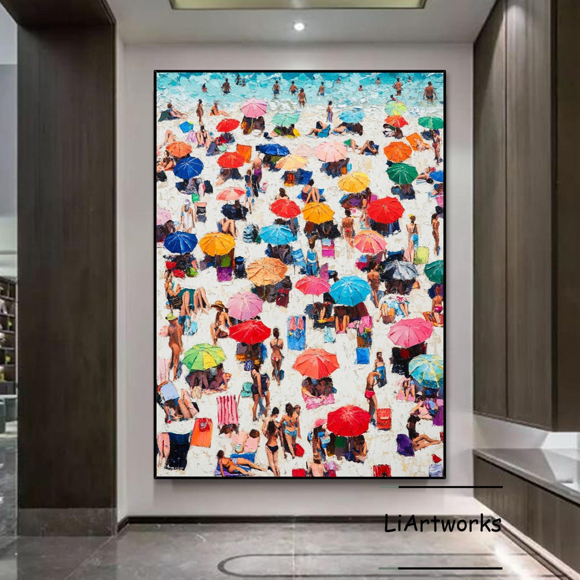 Crowded Summer Beach Turquoise Sea Colorful Umbrellas Art Poster - Image 4