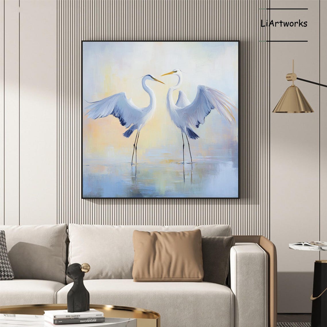 Two White Herons Wings Spread Pastel Water Bird Art Wall Poster - Image 4