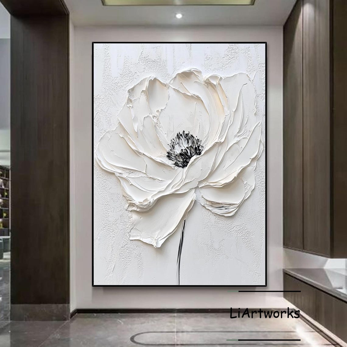 White Flower With Black Center 3D Relief Minimalist Art Poster - Image 4