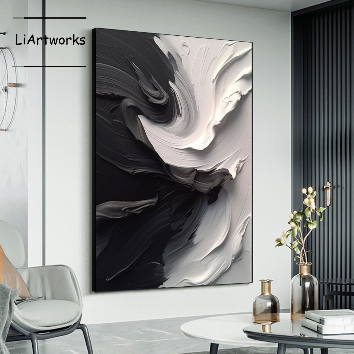 Black and White Circular Swirl Impasto Abstract Bold Modern Art Poster - Image 3