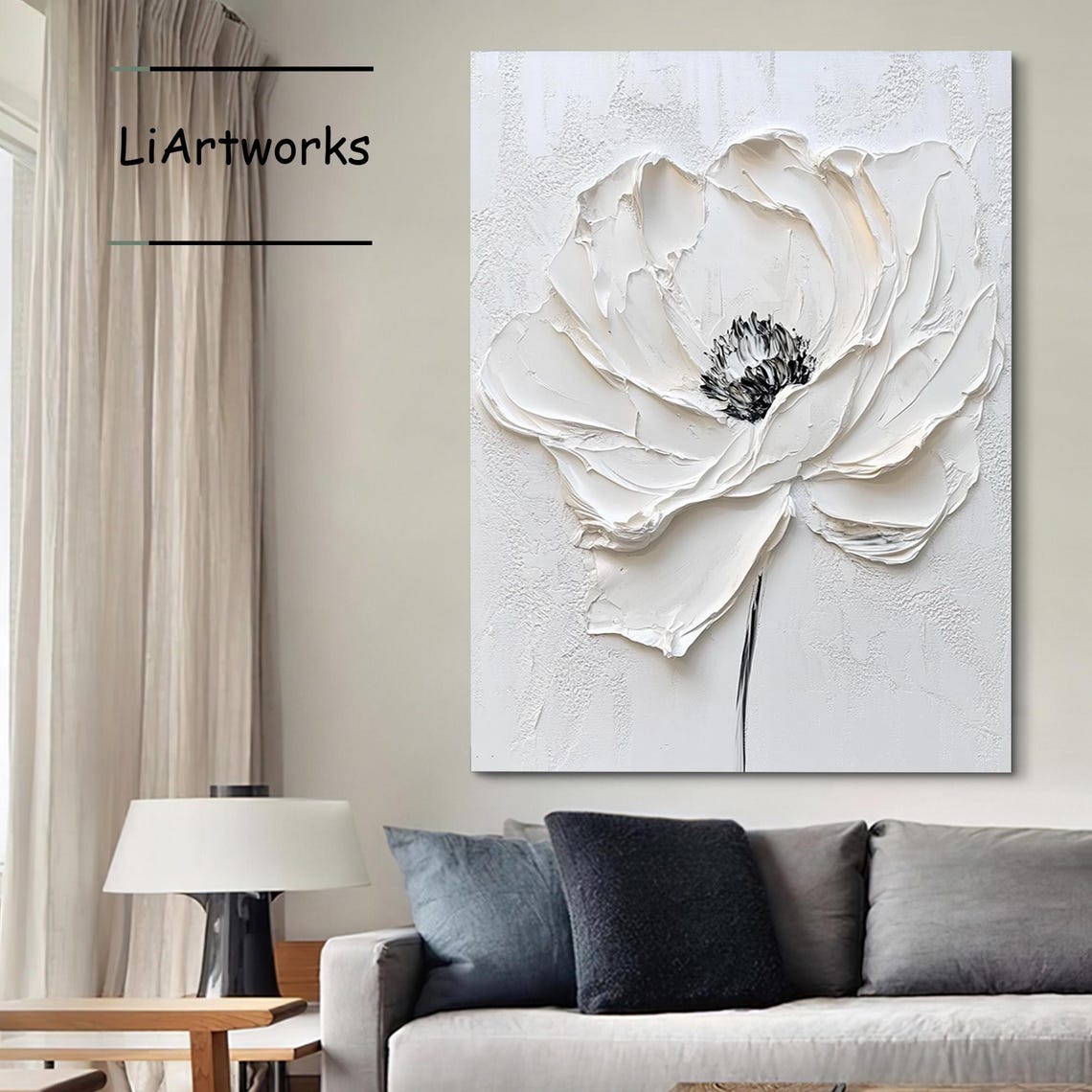 White Flower With Black Center 3D Relief Minimalist Art Poster - Image 3