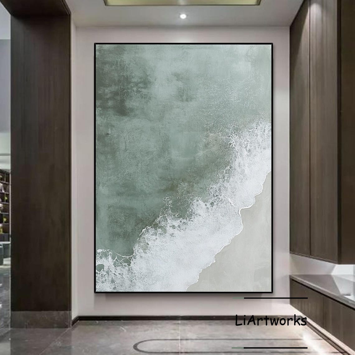 Aerial Sage Green Ocean Wave White Foam Surf Art Wall Poster - Image 4