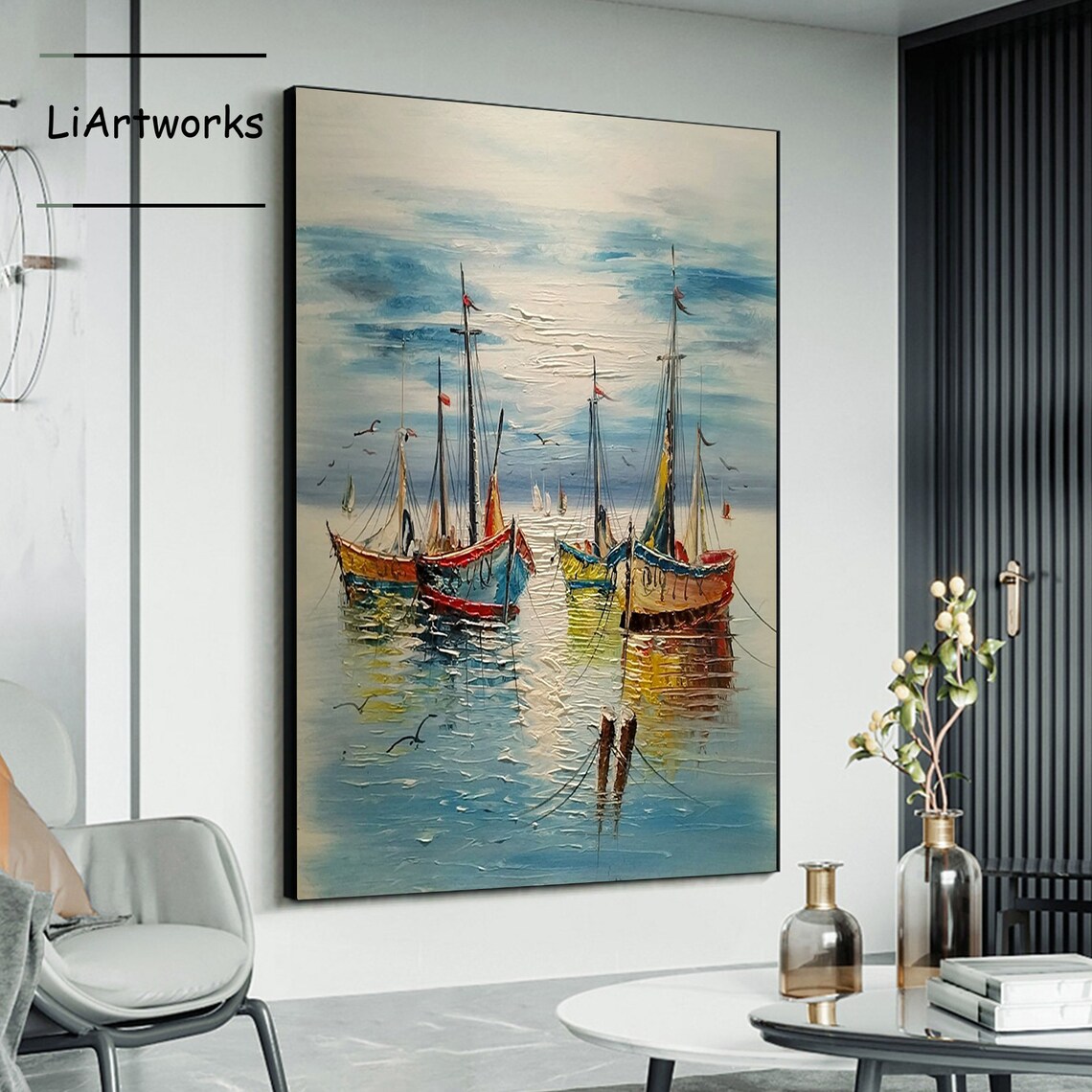 Impressionist Harbor Scene with Colorful Sailboats and Seagulls Art Poster - Image 3