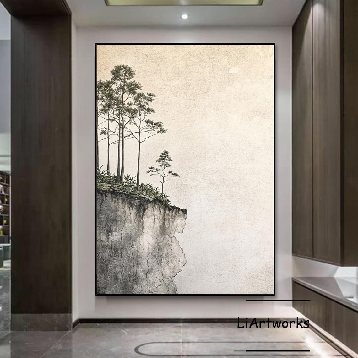 Tall Pine Trees Standing on a Rocky Cliff Edge in Neutral Tones Poster - Image 4