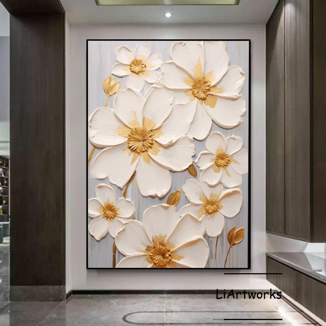 Original Flower Oil Painting On Abstract White And Gold Floral Painting Gold And White Flower Texture Painting Living Room Decor - Image 4