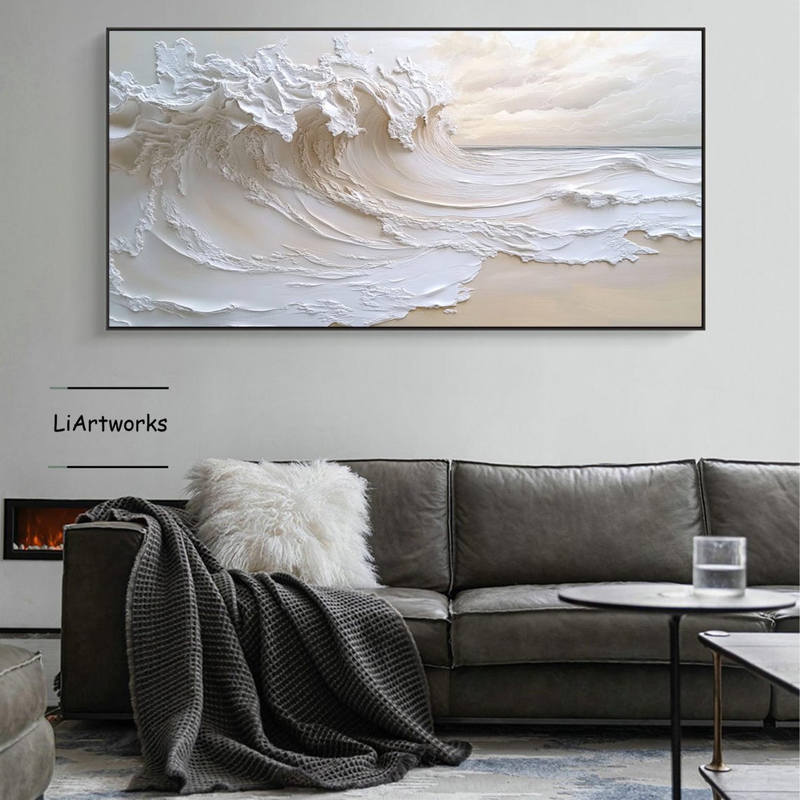 Dramatic Cream Ocean Wave Barrel Curl in Bold Impasto Art Poster - Image 3