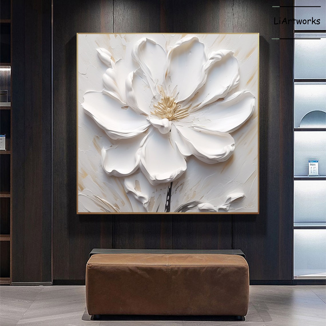 White Flower Gold Center 3D Textured Diagonal Paint Art Poster - Image 3