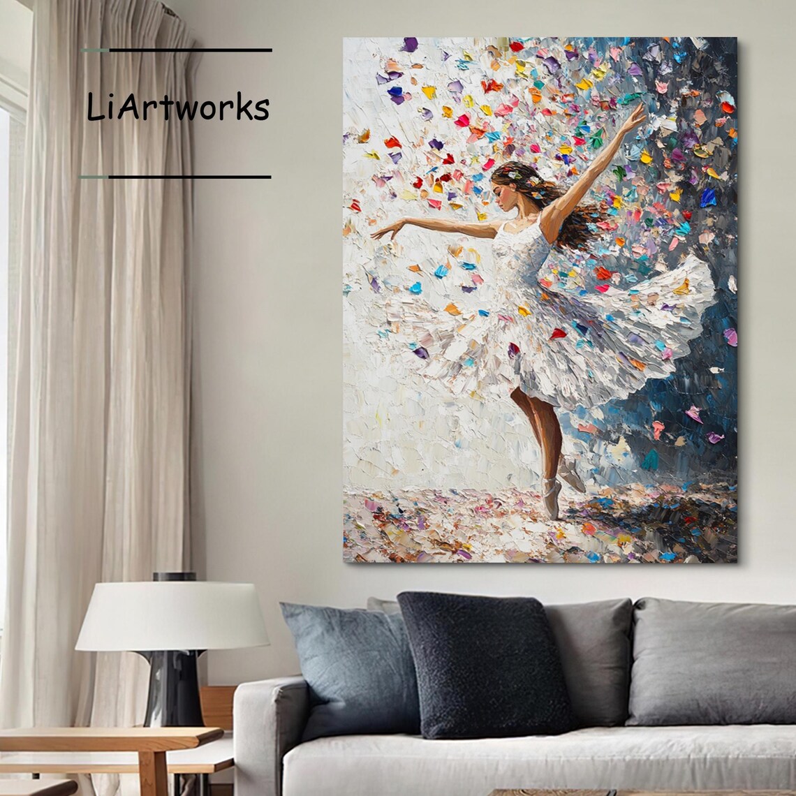 Ballerina Dancing Amid Colorful Confetti Palette Knife Art Poster - Image 3