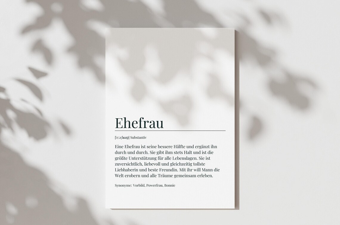 Ehefrau German Word Definition Wife Love Tribute Gift Art Poster