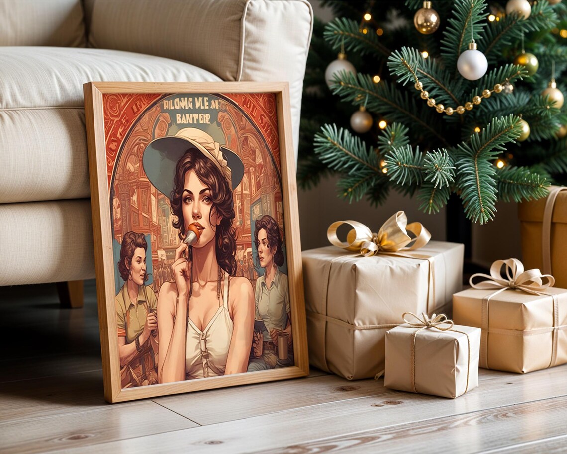 Retro Vintage Elegant Lady Urban Market Scene Illustration Poster - Image 2