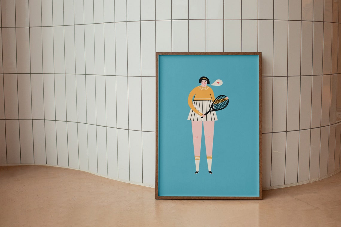 Retro Tennis Girl Heart Bubble Teal Framed Style Sport Poster