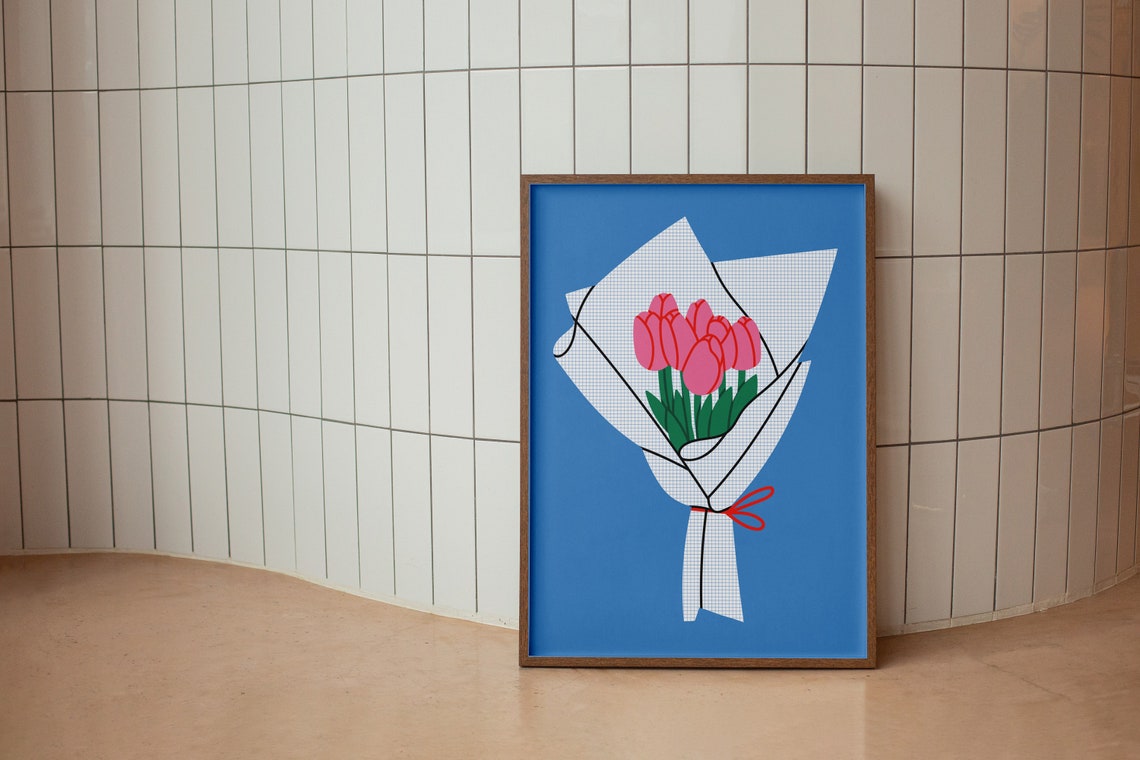 Pink Tulips Bouquet Wrapped Paper Red Bow Bold Blue Floral Wall Art