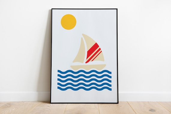 Minimalist Sailboat Waves Sun Nautical Coastal Nursery Art Poster