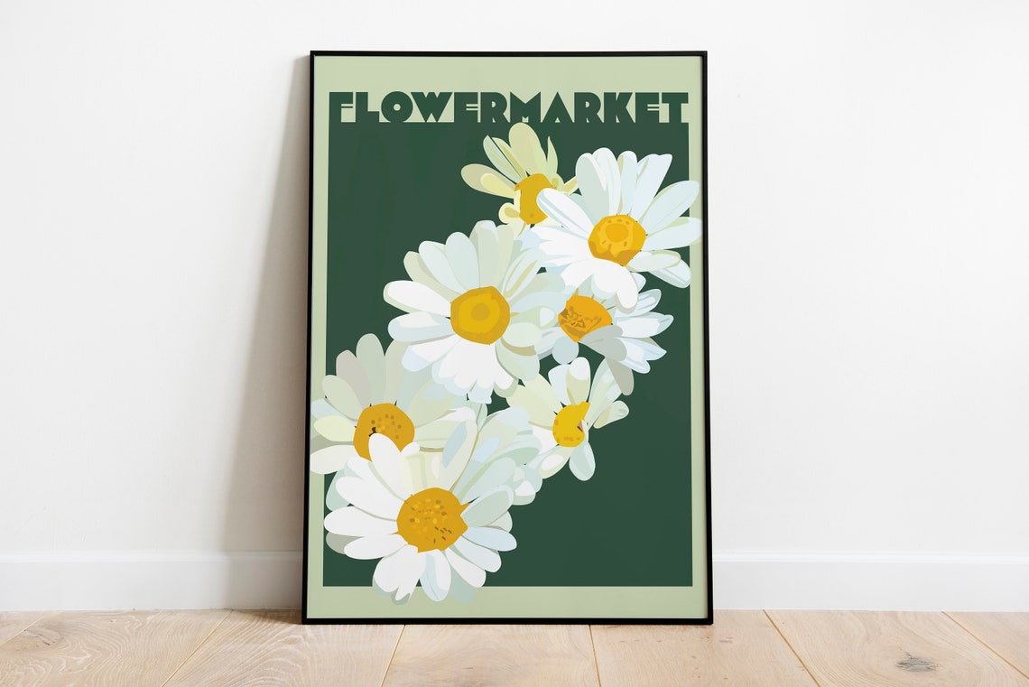 Flower Market Daisy Bouquet Dark Green Vintage Botanical Poster