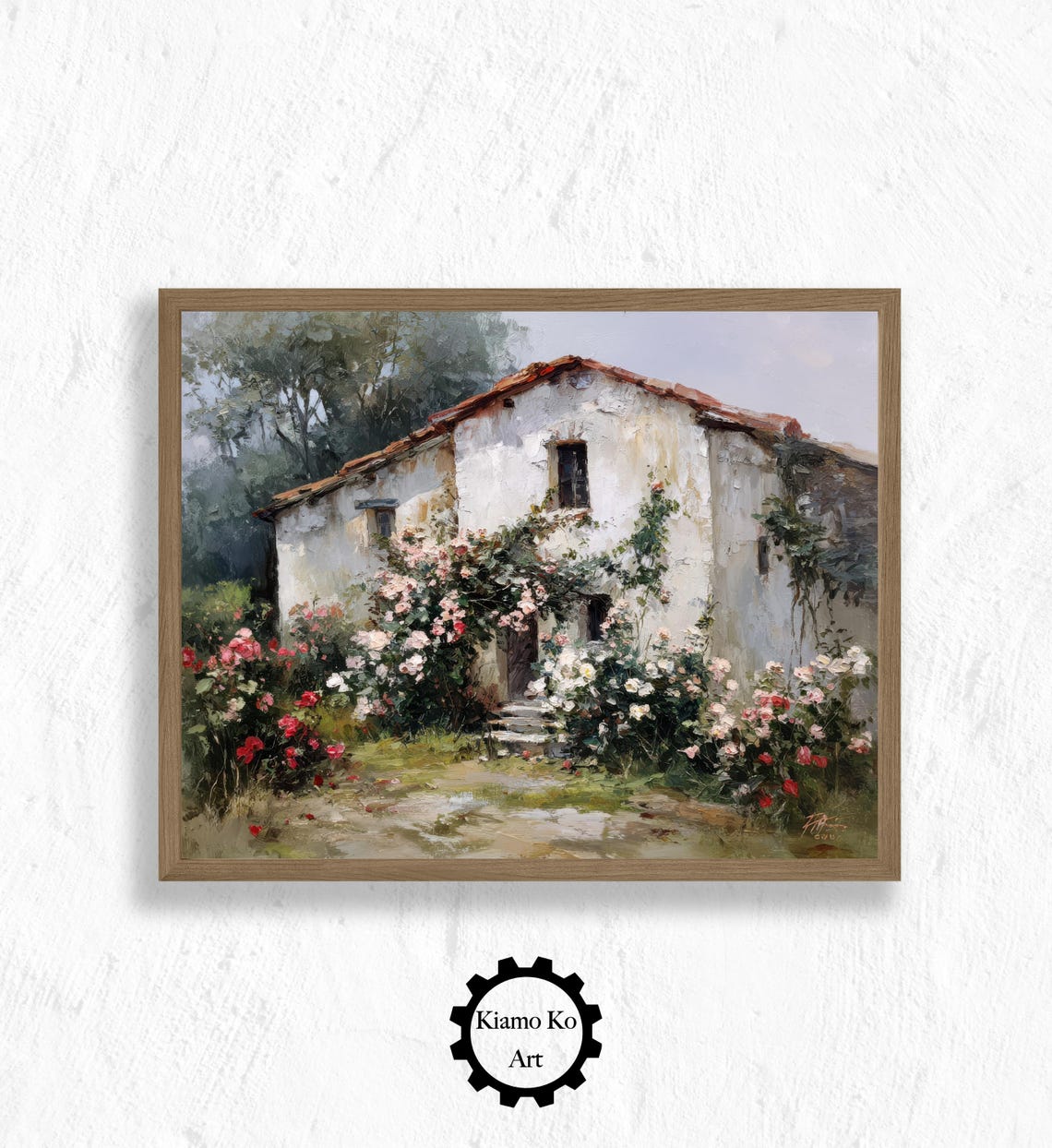 Mediterranean Villa Covered in Blooming Roses Rustic Cottage Wall Art