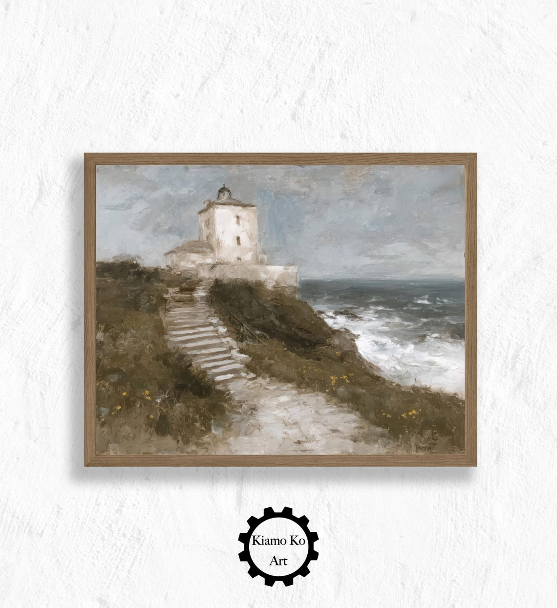 Stone Steps to a Cliffside Lighthouse Vintage Coastal Landscape Poster