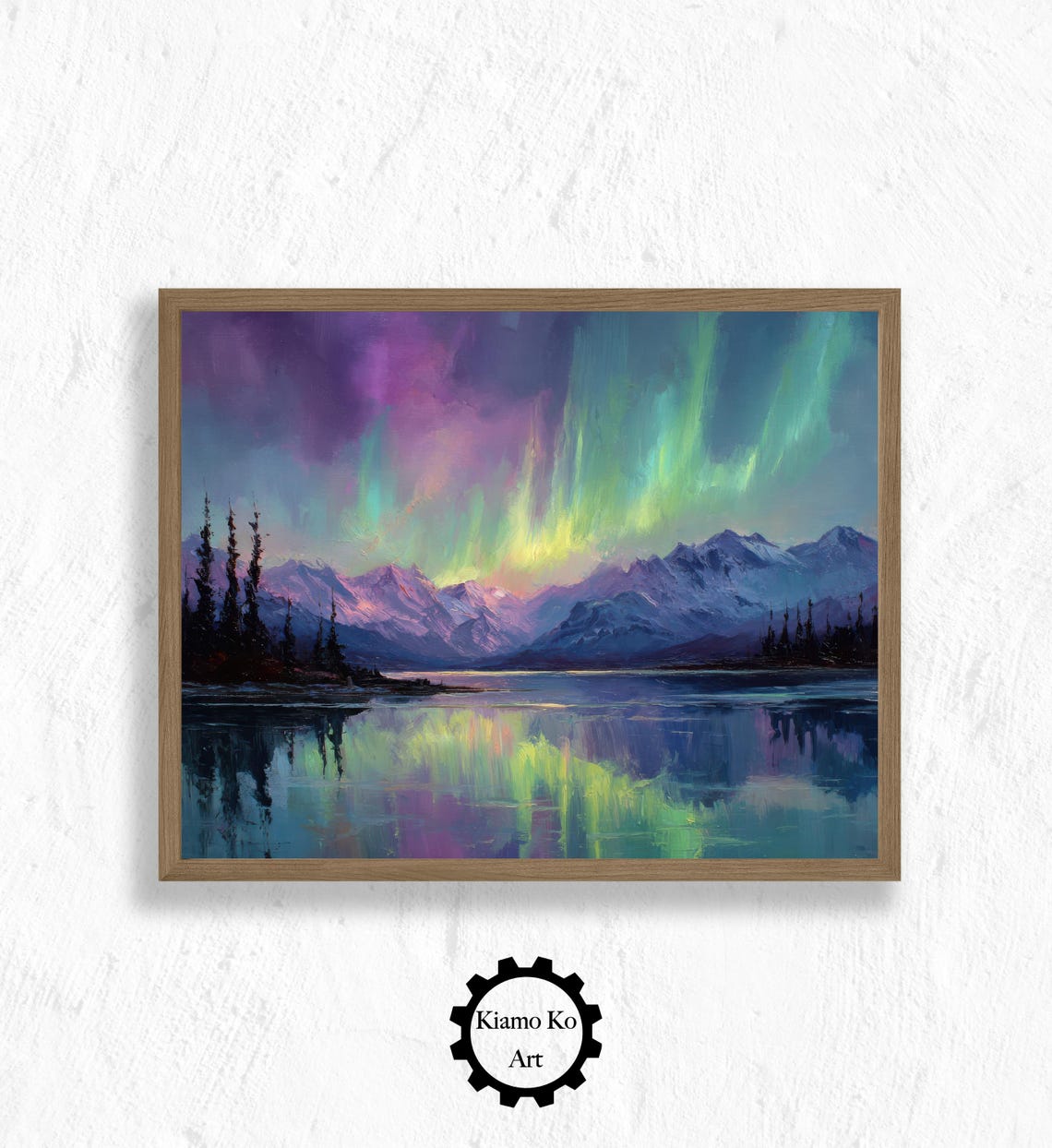Northern Lights Sweeping Over Snowy Peaks and a Mountain Lake Poster