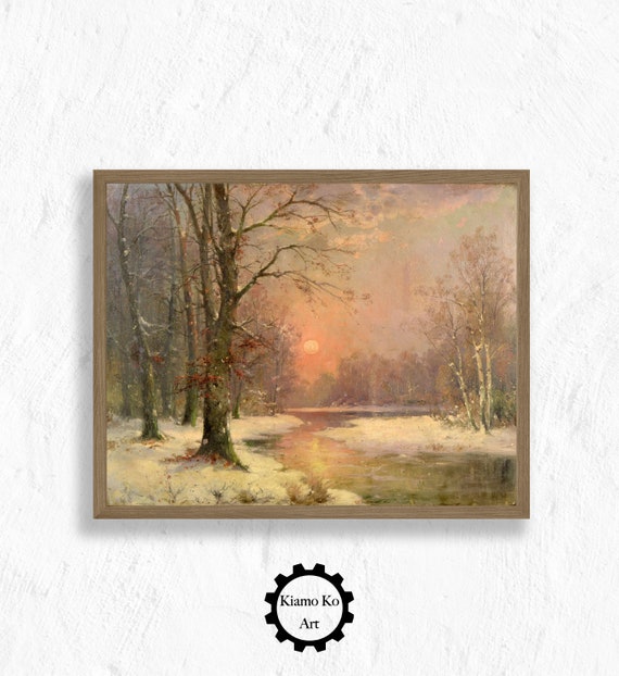 A Winter Sunset Landscape Art Work Vintage