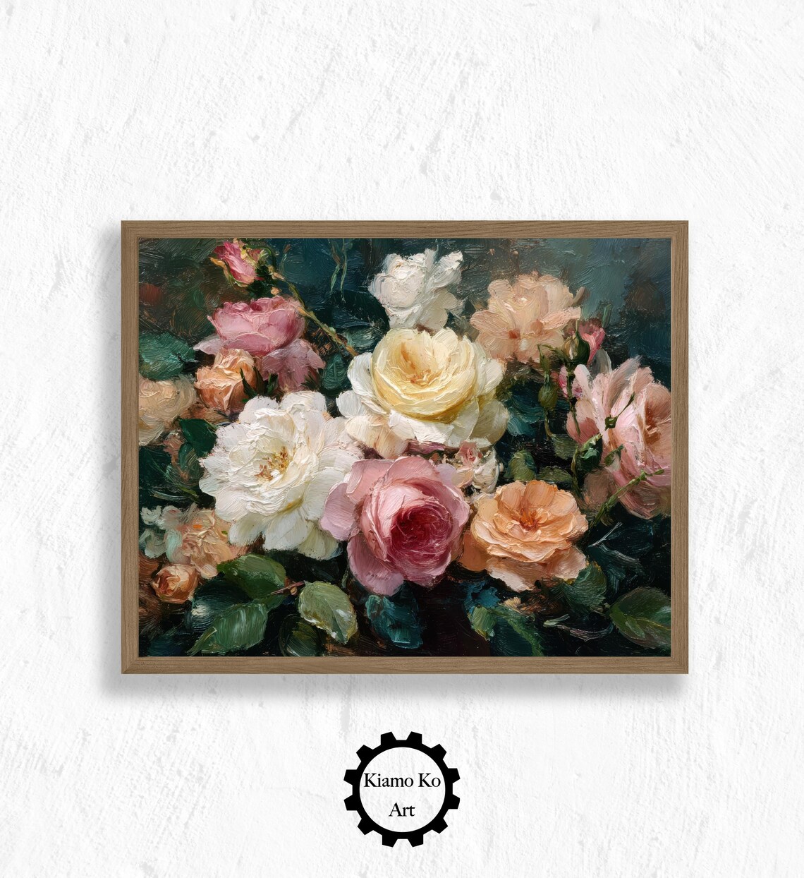 White Pink Peach Roses Impasto Oil Painting Floral Art Poster