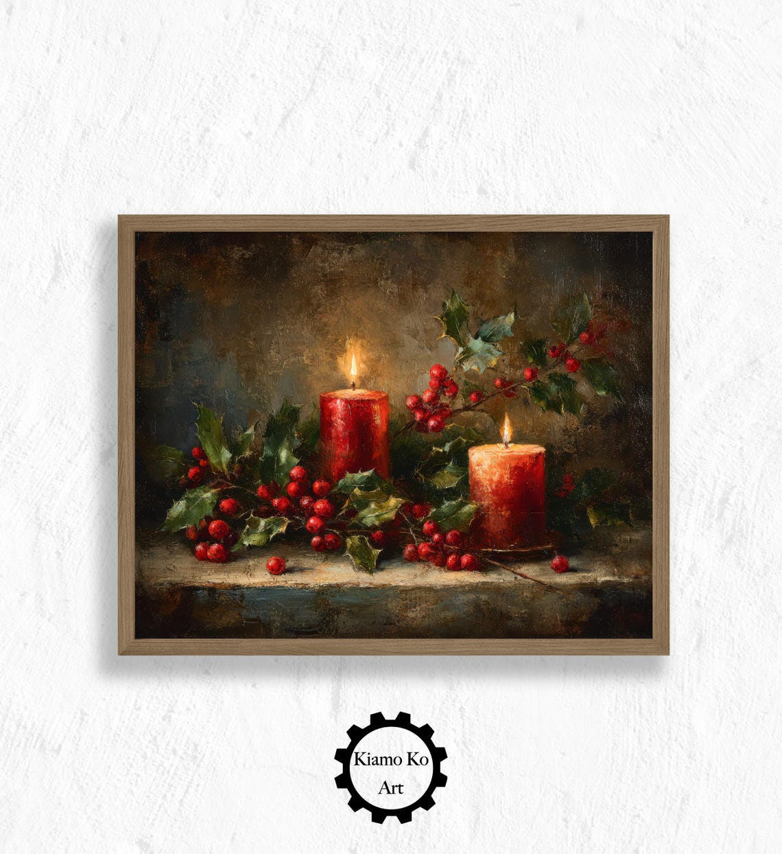 Two Red Christmas Candles with Holly Berries Dark Still Life Wall Art