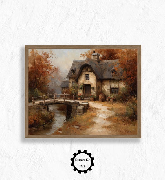 Charming Bridge House Rustic Home Decor Nature Art Print Countryside Landscape Cozy Wall For