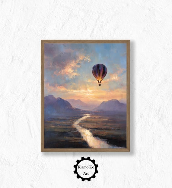 Hot Air Balloon Over River Vintage Landscape Art Wall Decor Nature Inspired Home