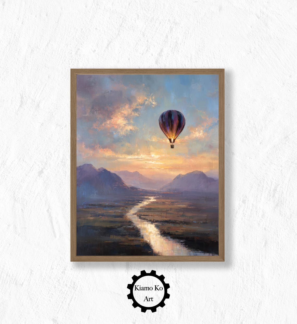 Glowing Hot Air Balloon Over A Winding River At Sunset Poster