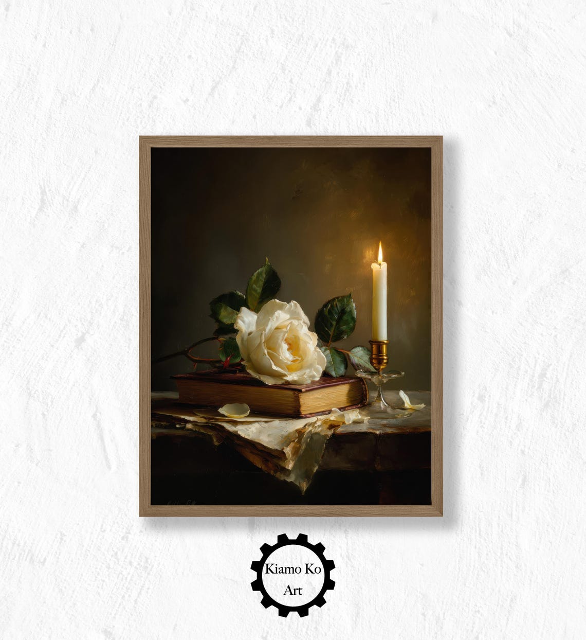White Rose on an Old Book with a Lit Candle Vintage Still Life Poster
