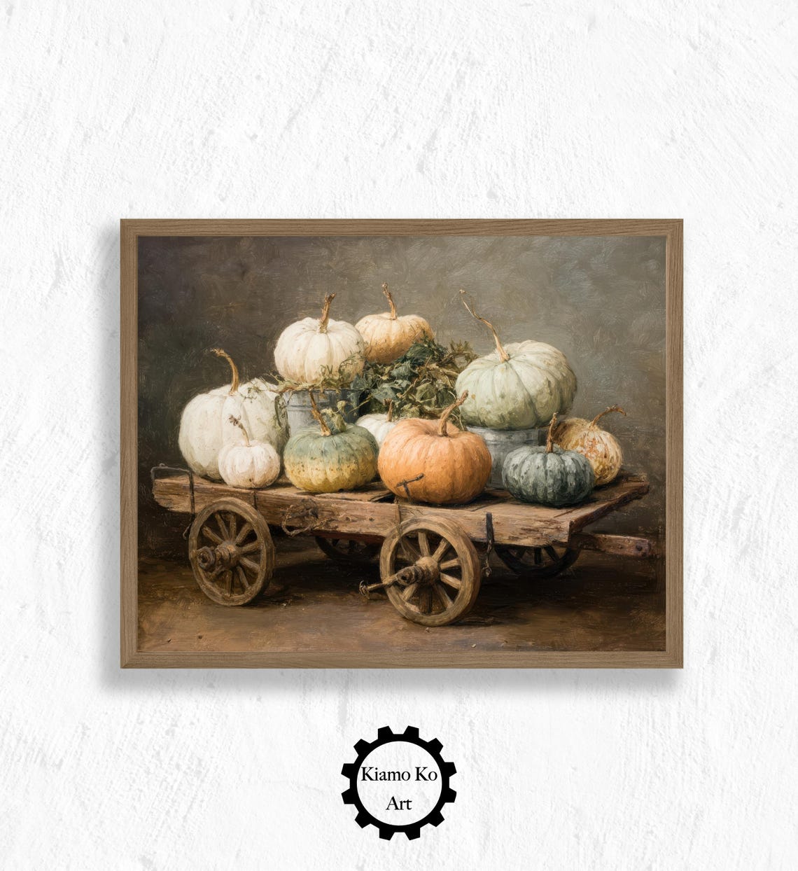 Orange Pumpkins And Gourds In A Wooden Wagon Autumn Harvest Wall Art