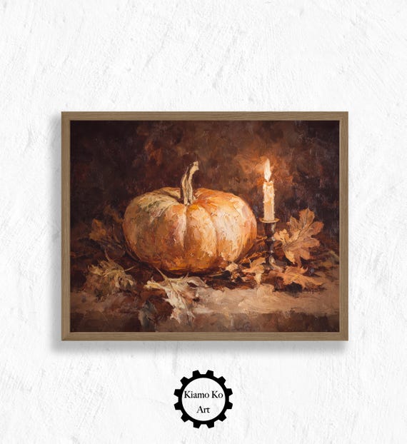 Cozy Pumpkin with Candle and Autumn Leaves Fall Still Life Wall Art