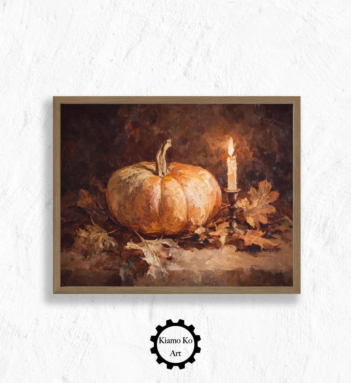 Cozy Pumpkin with Candle and Autumn Leaves Fall Still Life Wall Art
