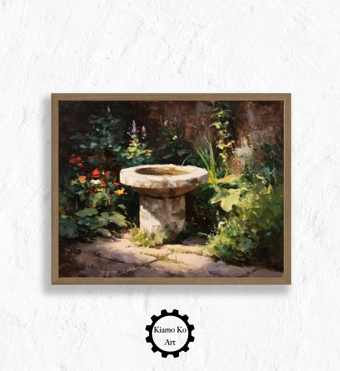 Sunlit Stone Birdbath Garden Scene Vintage Botanical Art Poster