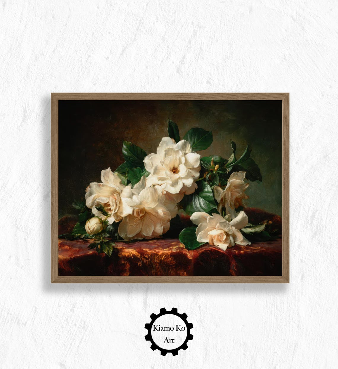White Gardenia Blossoms Still Life On Dark Red Tablecloth Poster