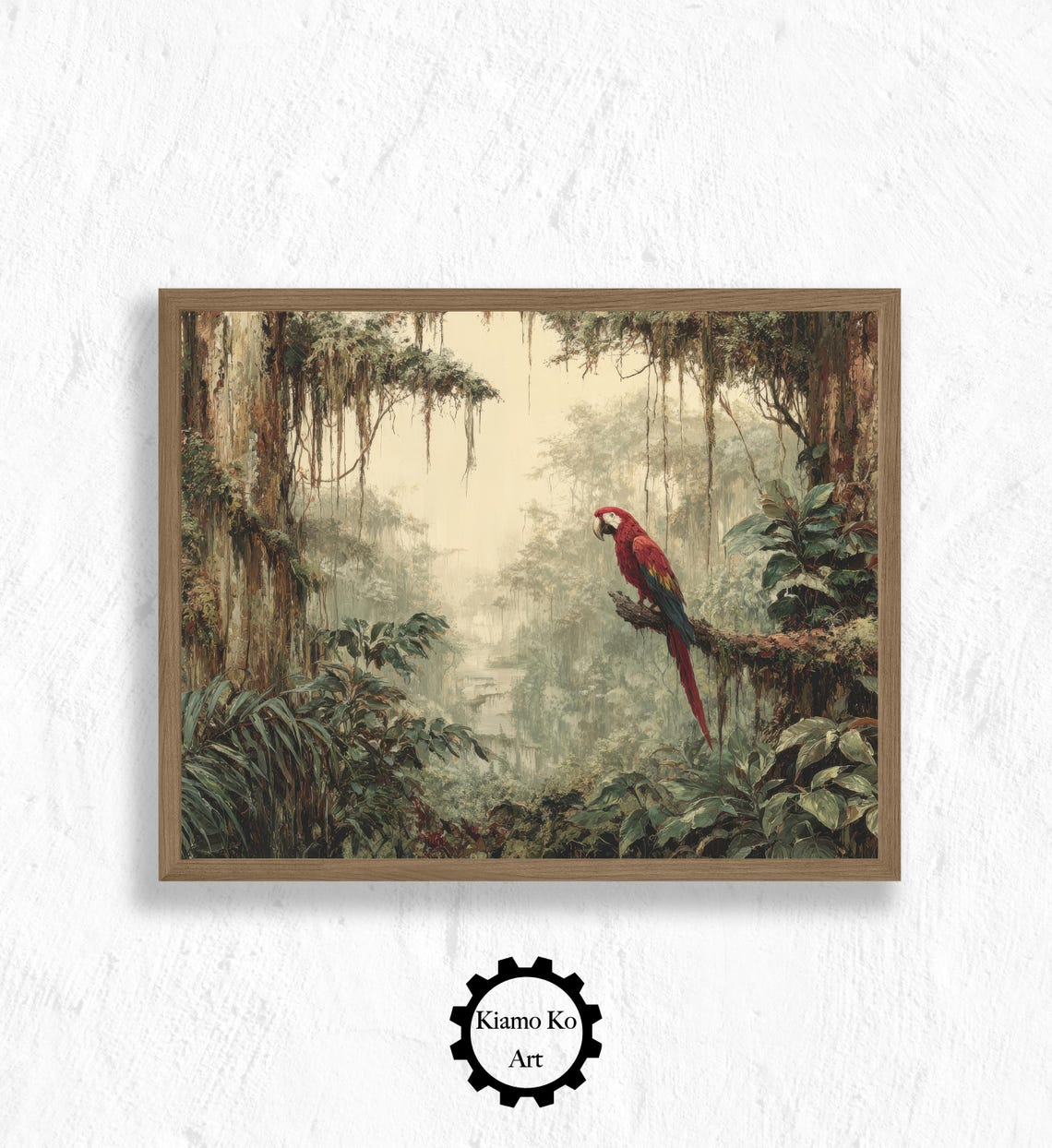 Scarlet Macaw Perched in a Misty Tropical Jungle Canopy Poster