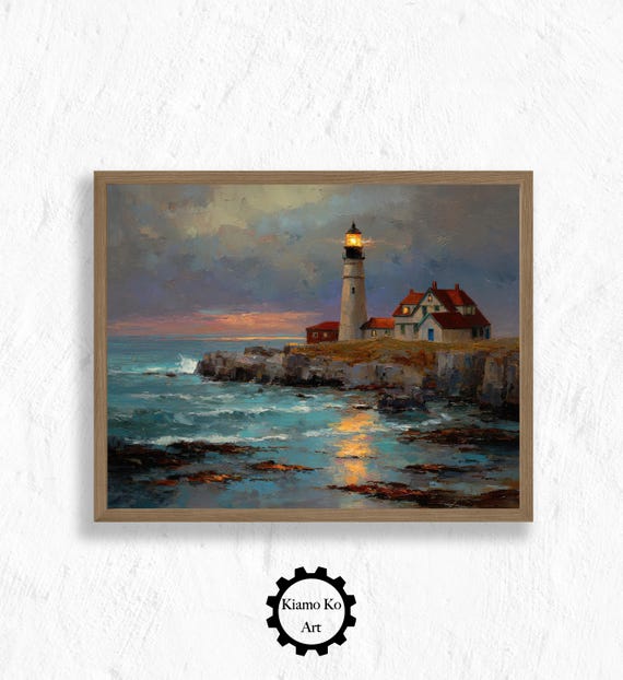 Serene Lighthouse Coastal Sunset Art Print Harbor Wall Decor Tranquil Nature Landscape Perfect Home Gift Vintage Charm