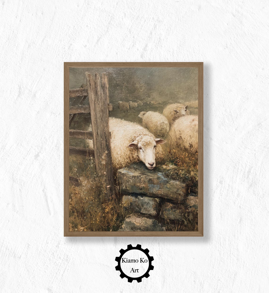 Sheep Grazing By A Weathered Wooden Gate And An Old Stone Wall Poster