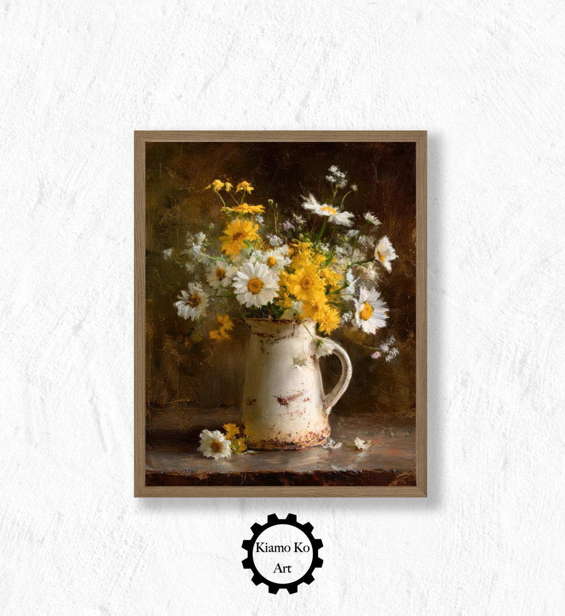 Daisies in a Vintage Enamel Pitcher Rustic Flower Still Life Poster