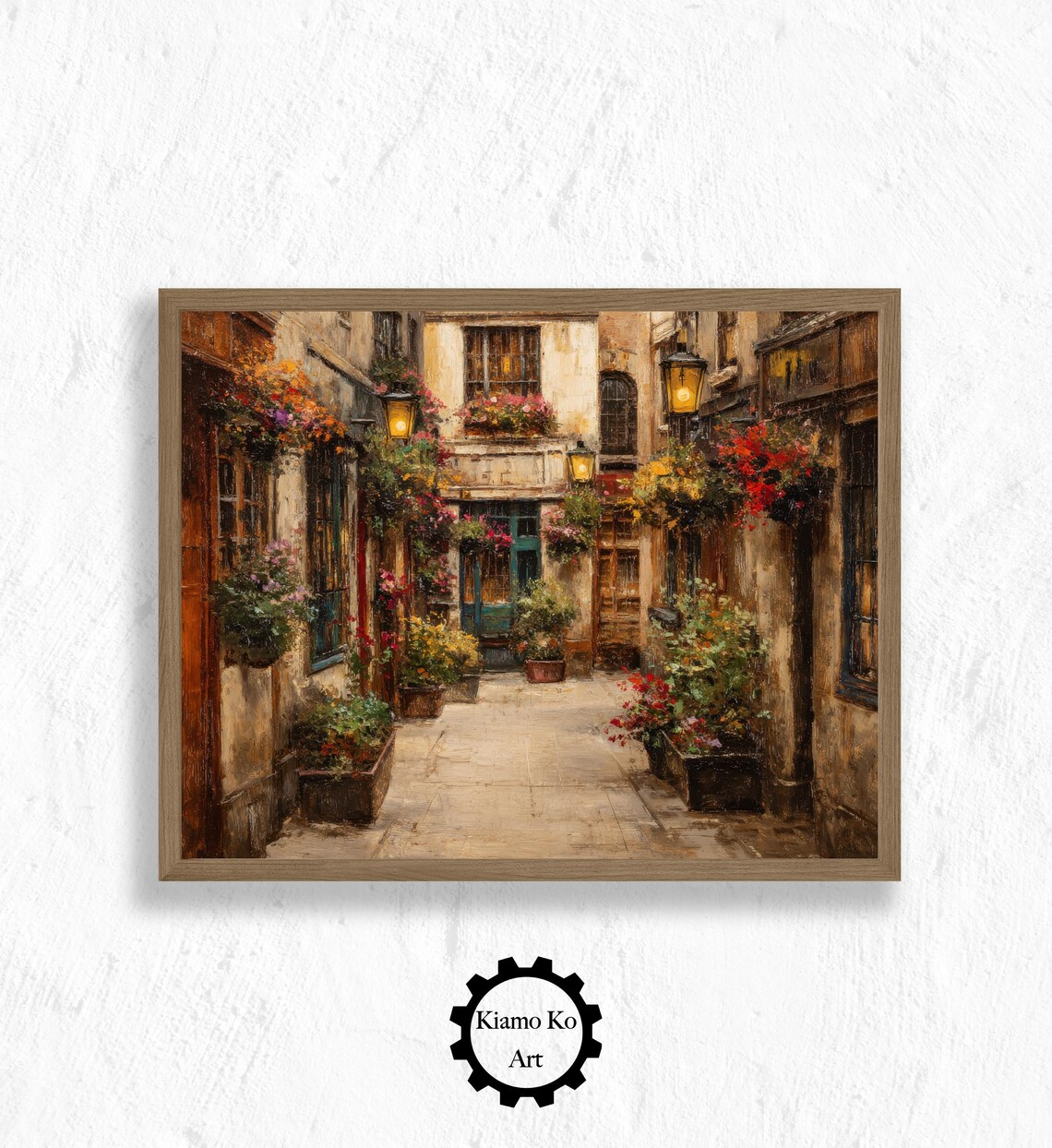 Old European Flower Filled Alley With Glowing Street Lamps Poster