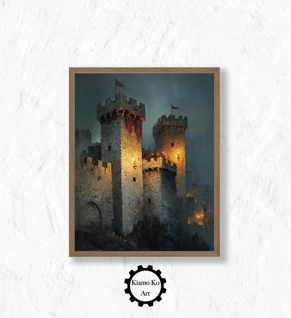 Charming Castle Wall Art Framed Print With Clock Vintage Home Decor Elegant